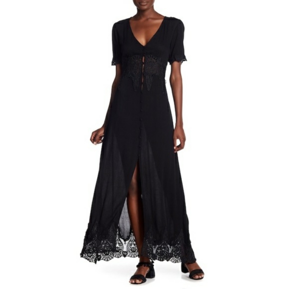 Black Boho Maxi Dress - Crochet Inlays + Buttons